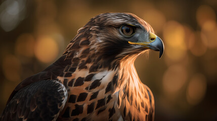 A Hawk in the wild at golden hour. Beautiful shallow focus depth of field illustration shot. Generative AI.