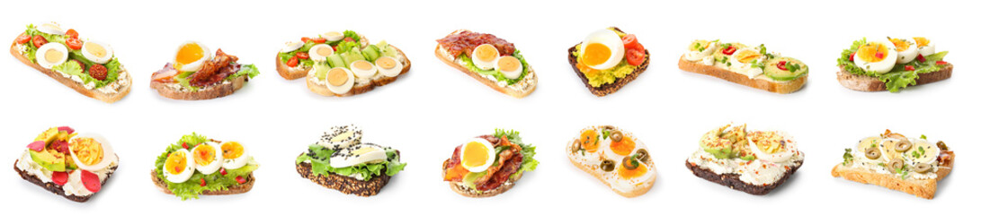 Collage of tasty toasts with boiled eggs on white background