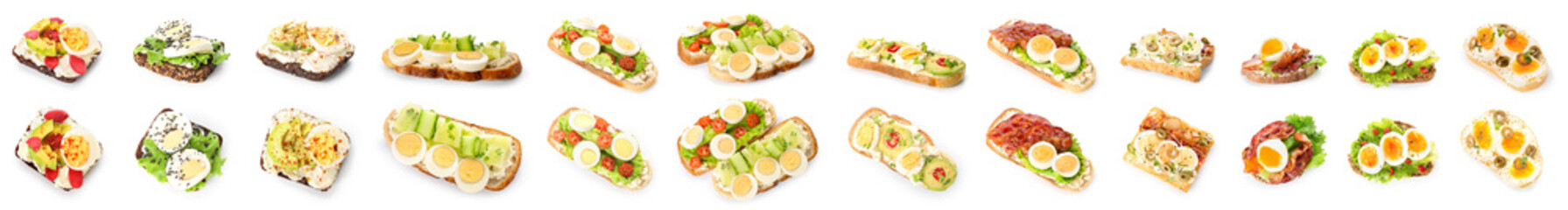 Collage of tasty toasts with boiled eggs on white background