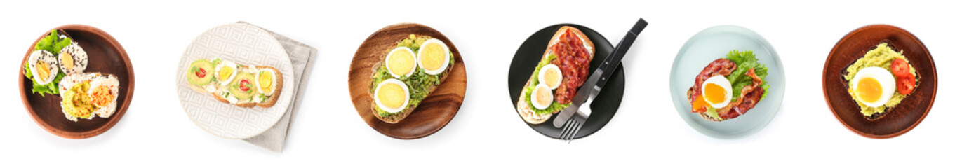 Collage of tasty toasts with boiled eggs on plates against white background, top view
