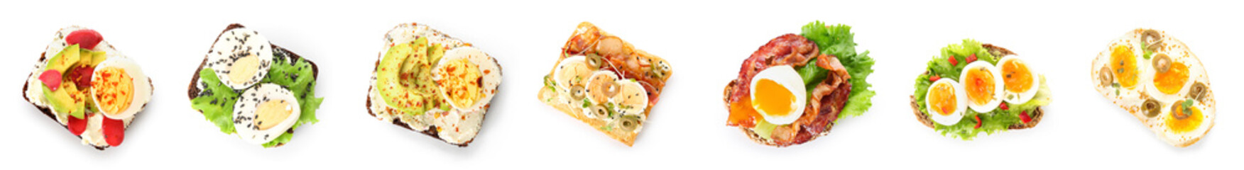 Collage of tasty toasts with boiled eggs on white background, top view