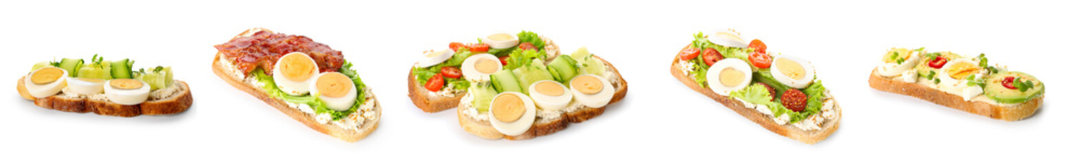 Collage of tasty toasts with boiled eggs on white background