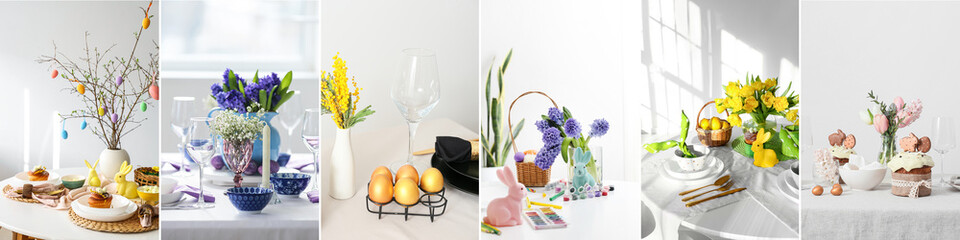 Collage of beautiful table settings for Easter dinner in light rooms
