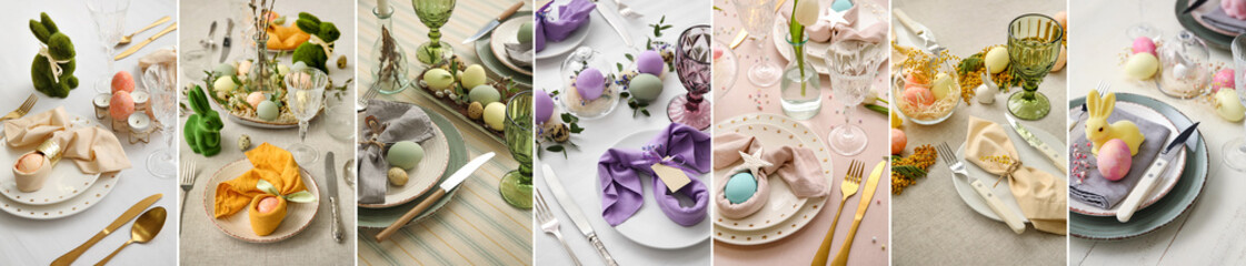 Collage of beautiful table settings for Easter dinner