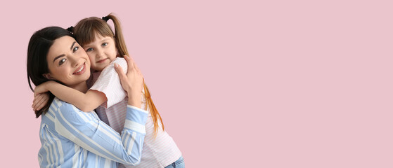 Happy woman with little daughter on pink background with space for text