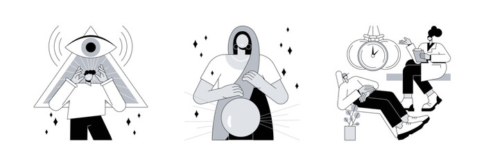 Extrasensory ability abstract concept vector illustration set. Clairvoyance ability, fortune telling, hypnosis practice, tarot reading services, crystal ball, medical trance abstract metaphor.