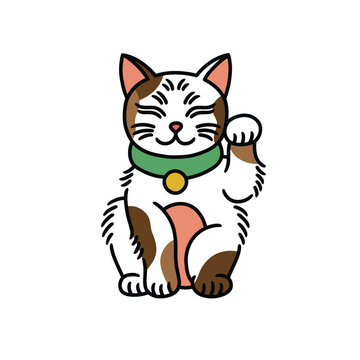 Maneki neko cat, japanese symbol of good luck doodle icon, vector color line illustration