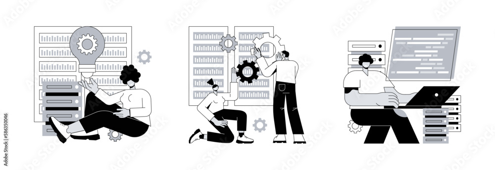 Poster big data business software abstract concept vector illustration set. innovative big data solutions, 