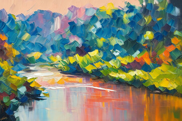 River in nature as oil painting