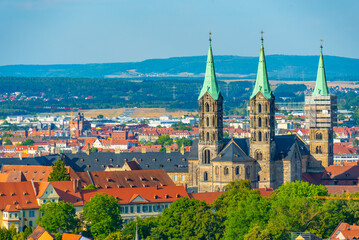 Panorama view of German town Bamberg with four spires of the cathedral