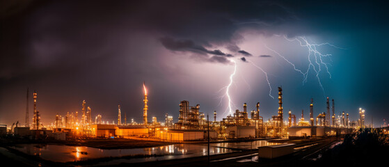 Naklejka na ściany i meble Nighttime Lightning Storm over Petroleum Refinery, Generative AI