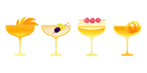 Margarita dessert glass set. Alcohol drink with citrus and orange. Refreshing orange cocktail for event and celebration. Flat vector illustration with texture and gradient