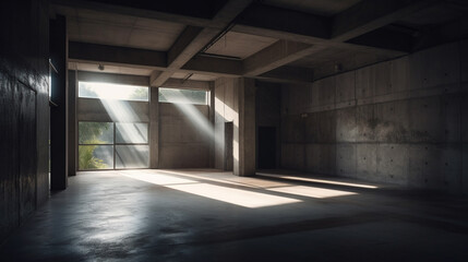 Interior Concrete Industrial Office Space with Sunlight Flowing Through Large Windows, Moody Empty Modern Loft Style Concrete Workspace - Generative AI