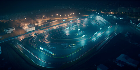 Aerial view of small karting racetrack illuminated by cool-colored lights at dusk, generative AI