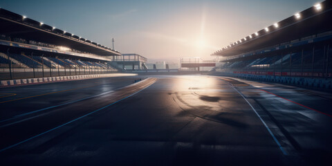 Thrilling view of a race track from the driver's perspective, with massive stands on both sides, generating excitement and adrenaline, generative AI