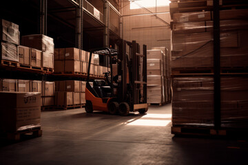 Forklift next to pallets stacked with boxes in warehouse, generative AI