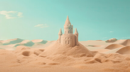 Beautiful sandcastle on the beach with sand on summer vacation. Travel vacations concept. Generative AI