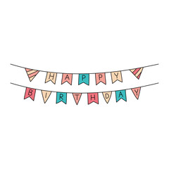 Obraz premium Happy birthday flags. Bday party doodles. Vector hand drawn kid hanging banner. Scribble outline illustration of festive birthday garland