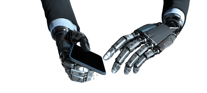 Robotic Hand of electronic business using smart phone with shopping app, Online shopping and e-commerce concept