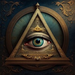 All Seeing Eye. Eye of Providence. Eye and Pyramid.  Evil Eye. Masonic Eye. Knights Templar / Illuminati / New World Order Conspiracy Theory Symbol. Modified from Generative AI Illustrations.