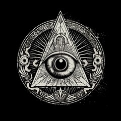 All Seeing Eye. Eye of Providence. Eye and Pyramid.  Evil Eye. Masonic Eye. Knights Templar / Illuminati / New World Order Conspiracy Theory Symbol. Modified from Generative AI Illustrations.