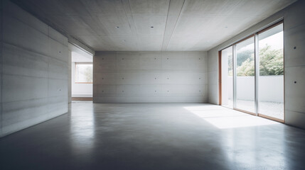 Interior Concrete Industrial Office Space with Sunlight Flowing Through Large Windows, Bright and Empty Modern Loft Style Concrete Workspace - Generative AI