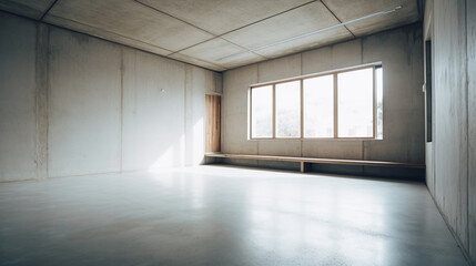 Interior Concrete Industrial Office Space with Sunlight Flowing Through Large Windows, Bright and Empty Modern Loft Style Concrete Workspace - Generative AI