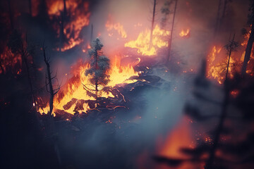 aerial view of a raging forest fire, wild fire, lot of smoke made with Generative AI
