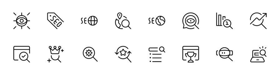 Seo icon set. Search Engine Optimization icon collection. Containing business and marketing, traffic, ranking, optimization, link and keyword. Solid icons vector for website design, app, template, ui.