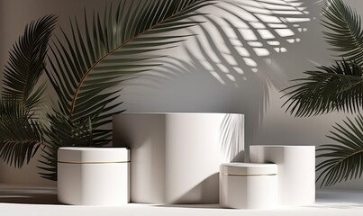 Minimal round cylinder white podium on glossy counter table in dappled sunlight and palm leaf shadow on wall background, generative AI