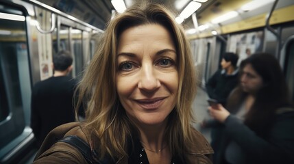Attractive mature woman looking at the camera posing at the subway. Generative AI