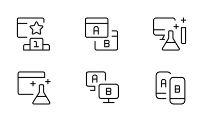 AB testing, Journey path map and Question mark icons. UX line icons. Usability quiz test, Ux Ui and User flow. Project process, ab testing graph, survey test results. Use for UI and mobile app, web