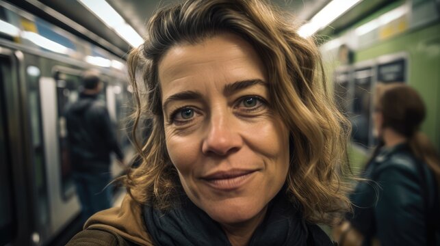 Attractive mature woman looking at the camera posing at the subway. Generative AI
