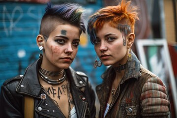 Portrait of two beautiful punk girls with colored dyed hair. Punk style. Urban tribes. Generative AI