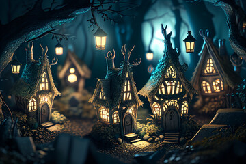 magic forest with fantasy houses at night, fairy tale like houses made with Generative AI
