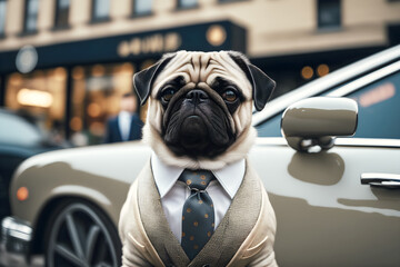 Pug with an elegant suit in front a luxury car, ai generative illustration