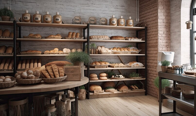 Bakery store with wooden wall, parquet floor, variety of bread, bun, generative AI