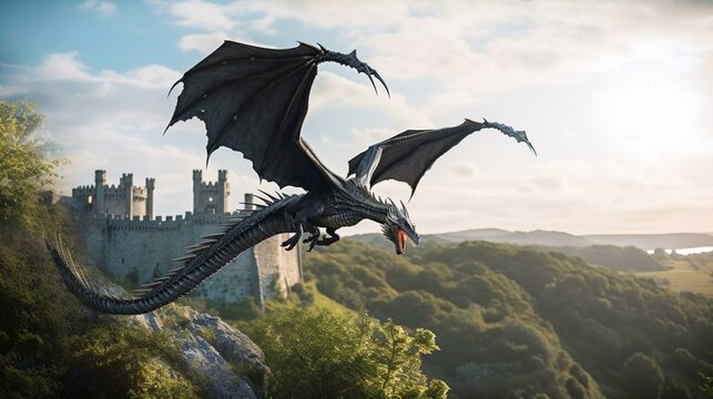 Majestic Dragon Soars Over Medieval Kingdom - Generative AI