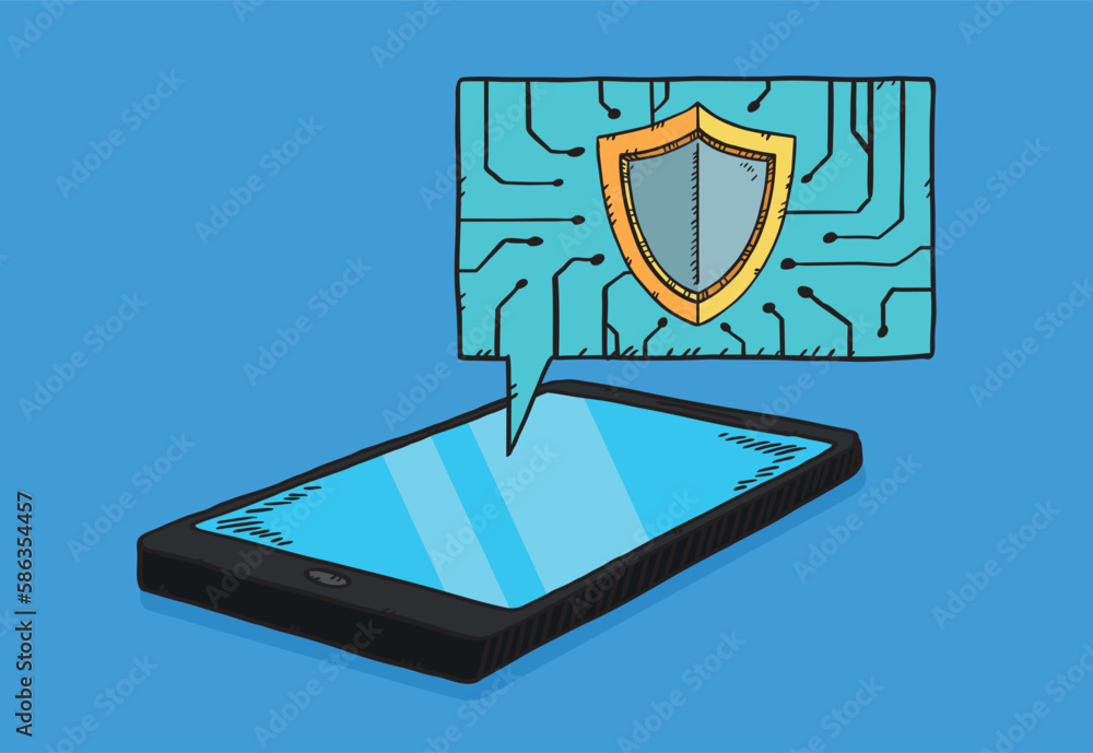 Poster hand-drawn vector illustration of cyber security shield display on cloude from mobile phone screen.