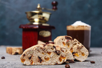 Delicious biscotti on grey grunge background, closeup