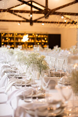 Served wedding table with decorative fresh white flowers and candles. Celebration details. Hanging flower beds and light bulbs Wedding decoration and decor, floristic concept