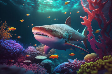 Fototapeta na wymiar shark swimming underwater ocean among colored coral reefs.ai generative