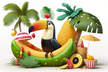 toucan, palm trees, orange, watermelon, umbrella, rubber ring tropical summer on the beach. summer vacation or vacation concept. ai generative