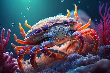 crab swimming underwater ocean among colored coral reefs.ai generative - obrazy, fototapety, plakaty