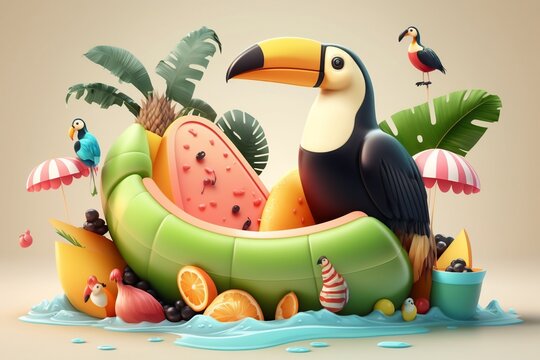 toucan, palm trees, orange, watermelon, umbrella, rubber ring tropical summer on the beach. summer vacation or vacation concept. ai generative