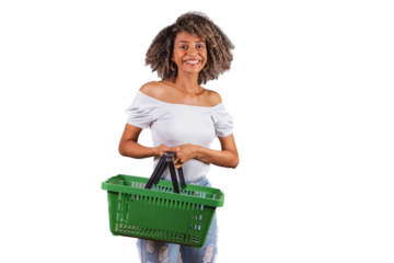 beautiful black Brazilian woman holding market shopping basket, shopping, advertisement, discount, promotion.