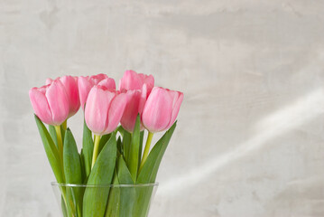 pink tulips in a vase on a gray background