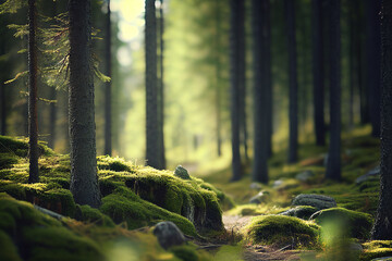 scandinavian forest with many trees, lots of green moss made with Generative AI - obrazy, fototapety, plakaty