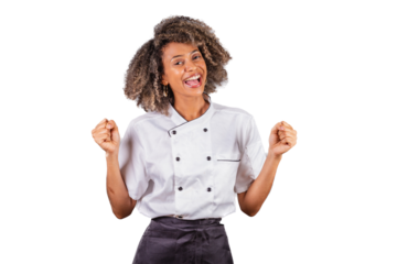 Young black Brazilian woman, cook, masterchef, wearing restaurant uniform. celebrating, extremely happy.