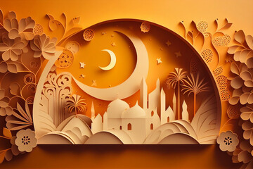 Ramadan Kareem and  eid greeting card with mosque and moon in paper cut style generative ai